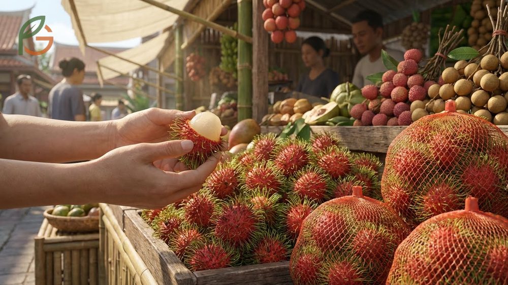 Selecting ripe rambutan at Asian markets or specialty stores during peak season from late summer through early fall.
