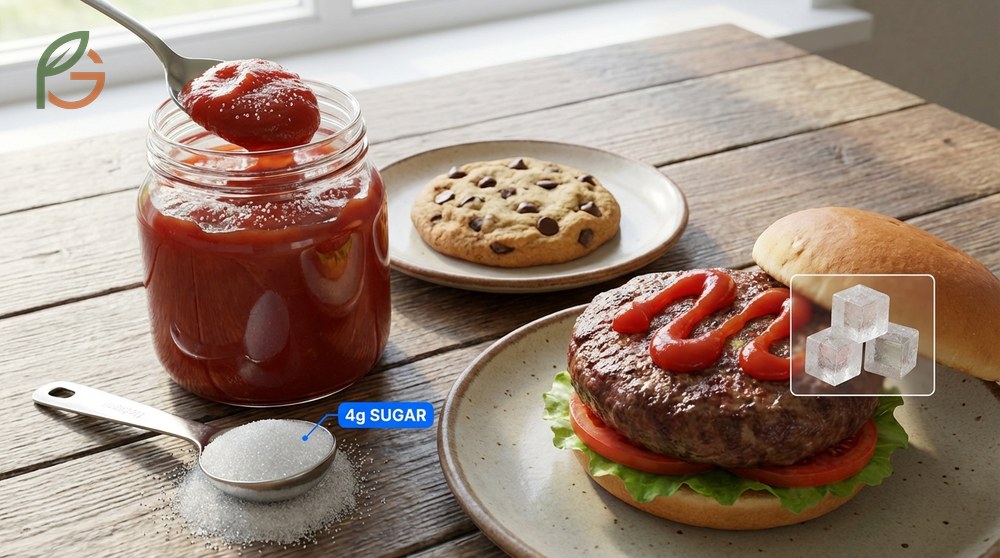 Sugar in ketchup is significant as three tablespoons contain 12g of sugar which equals the amount found in a small cookie.
