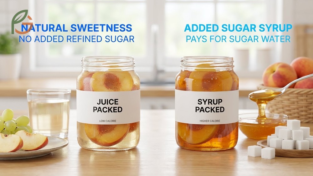 Syrup vs juice packed peaches comparison highlighting the significant difference in added sugar content and calories.