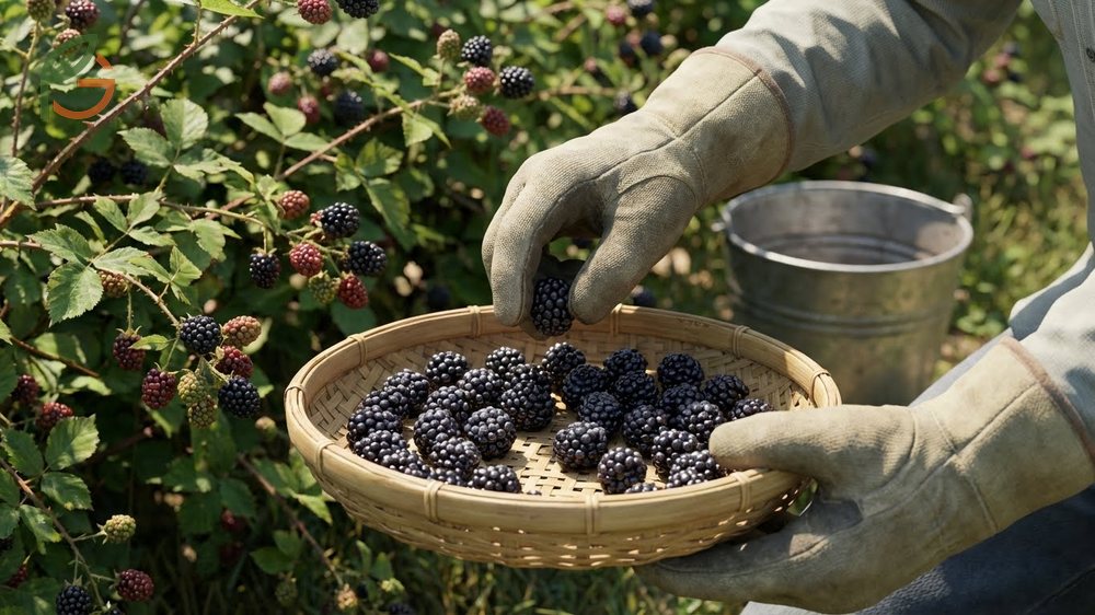 Hands gently picking blackberries into a shallow container to prevent crushing the delicate fruit during harvest.