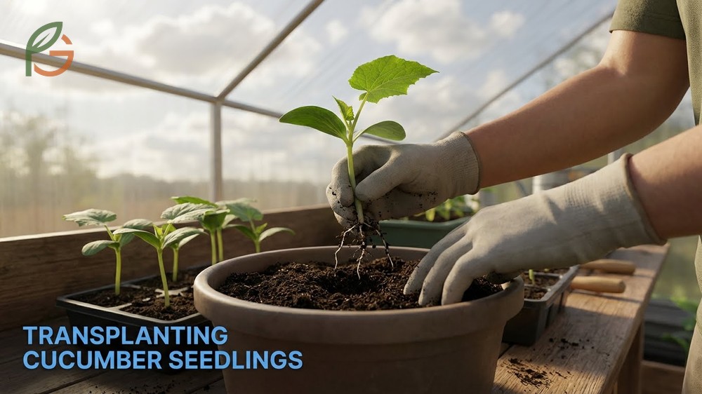 Carefully transplanting a young cucumber seedling with true leaves into a prepared garden bed.