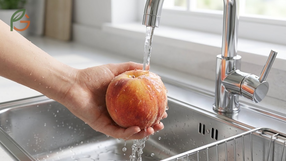 Washing peaches under cold running water to remove surface dirt and reduce trichome density.