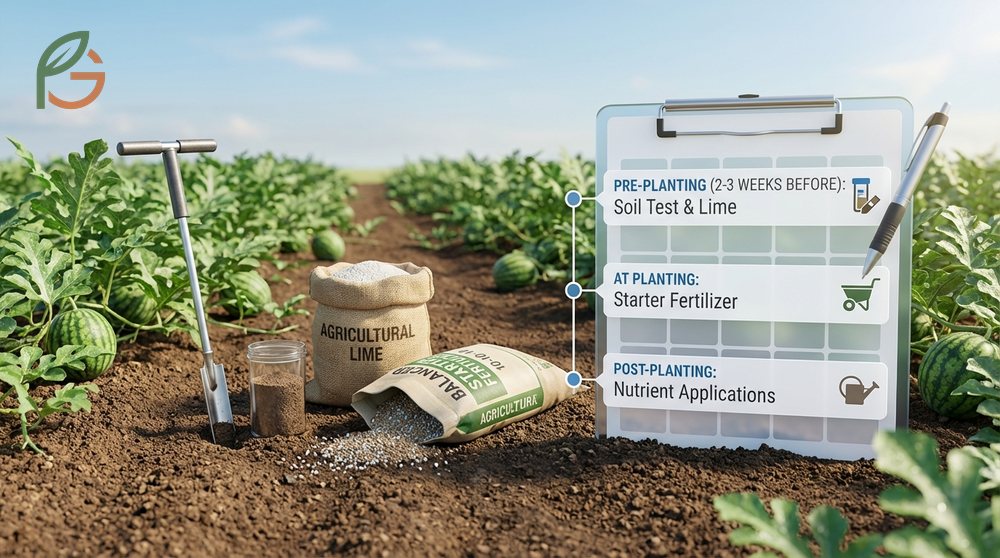 Fertilizer schedule watermelons involves applications every 2 weeks starting from transplant to harvest.