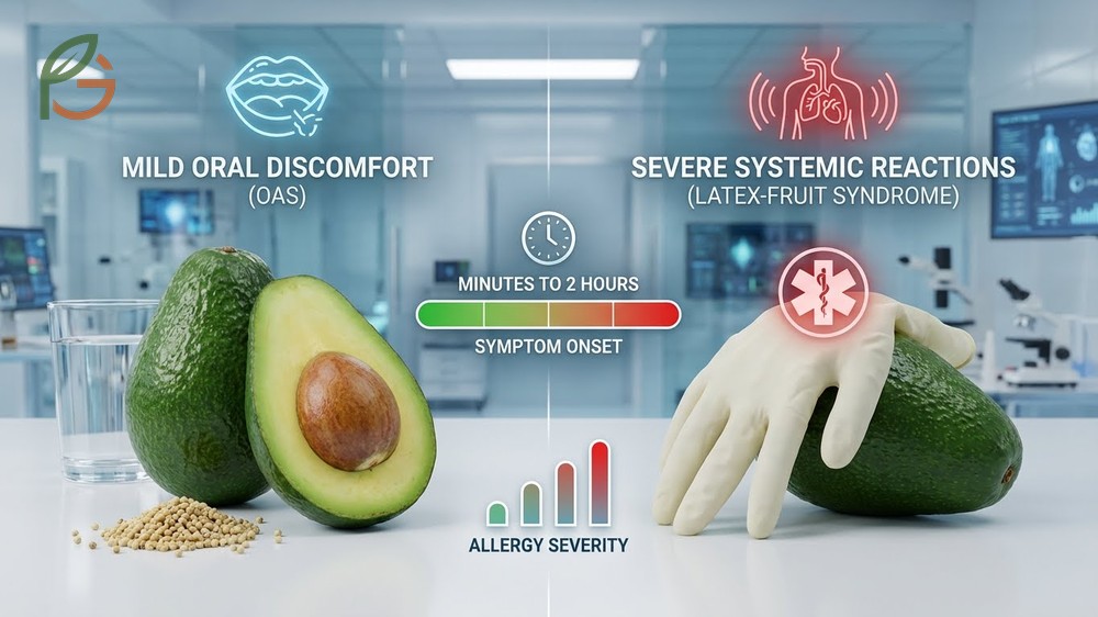 Avocado allergy symptoms list detailing oral syndrome skin reactions and respiratory distress.