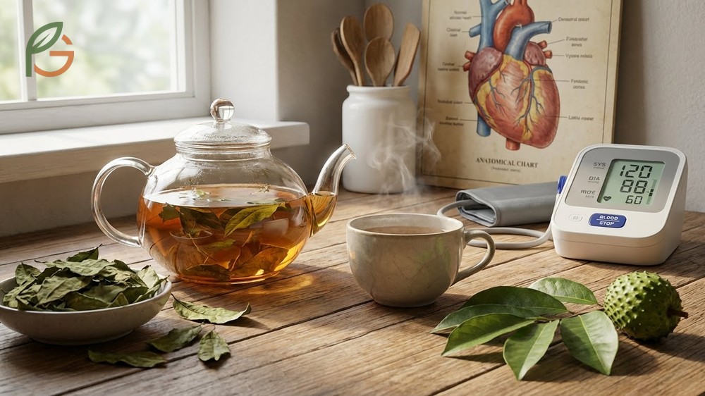Benefits of soursop tea include vasodilation to lower blood pressure and antibacterial properties for gut health.