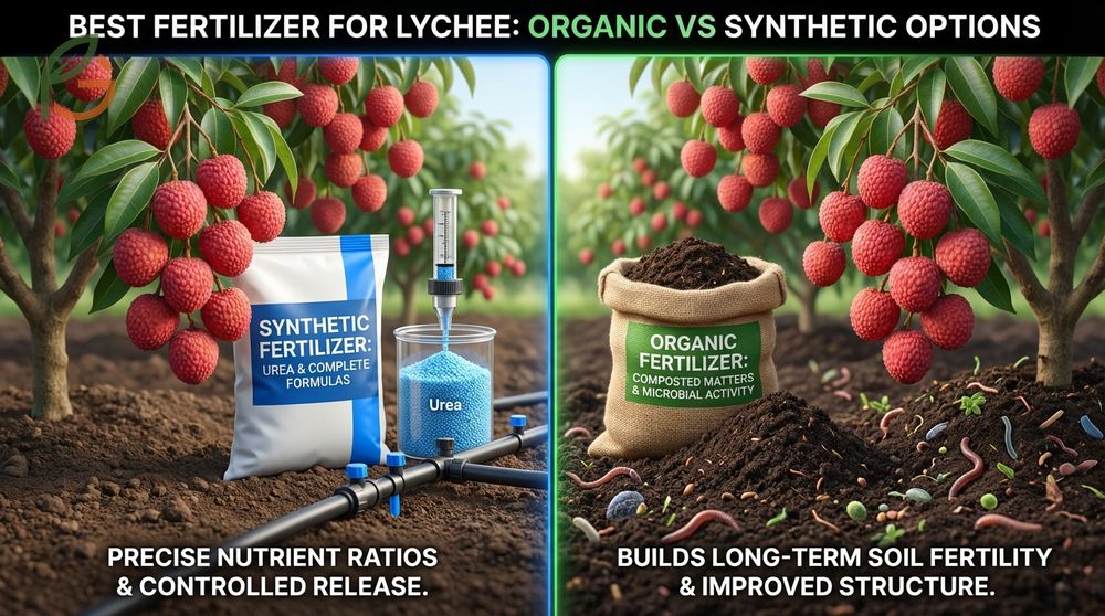 Best fertilizer lychee options compare synthetic urea for quick release versus organic compost that builds soil health over 6-12 months.