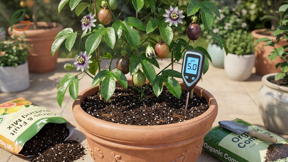 Best soil for passion fruit in containers featuring acidic pH 4.5-6.5 and high organic matter content.
