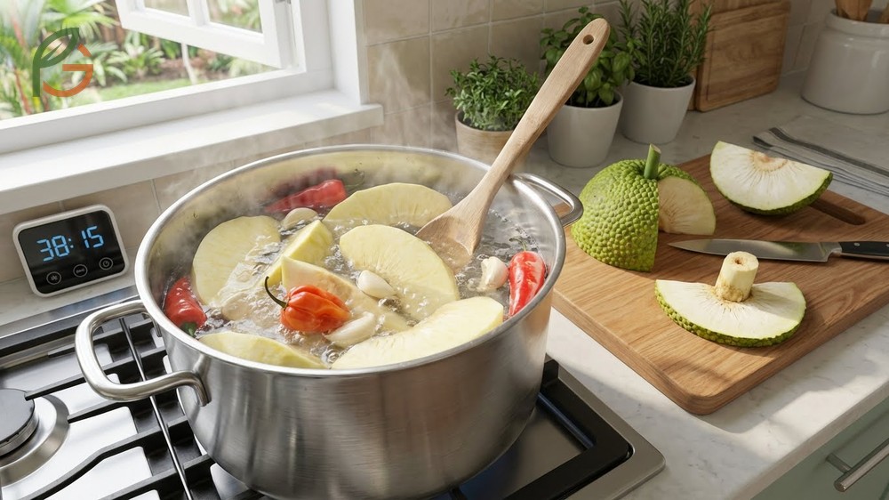 Boiling breadfruit method steps to create a neutral starchy base for savory dishes.