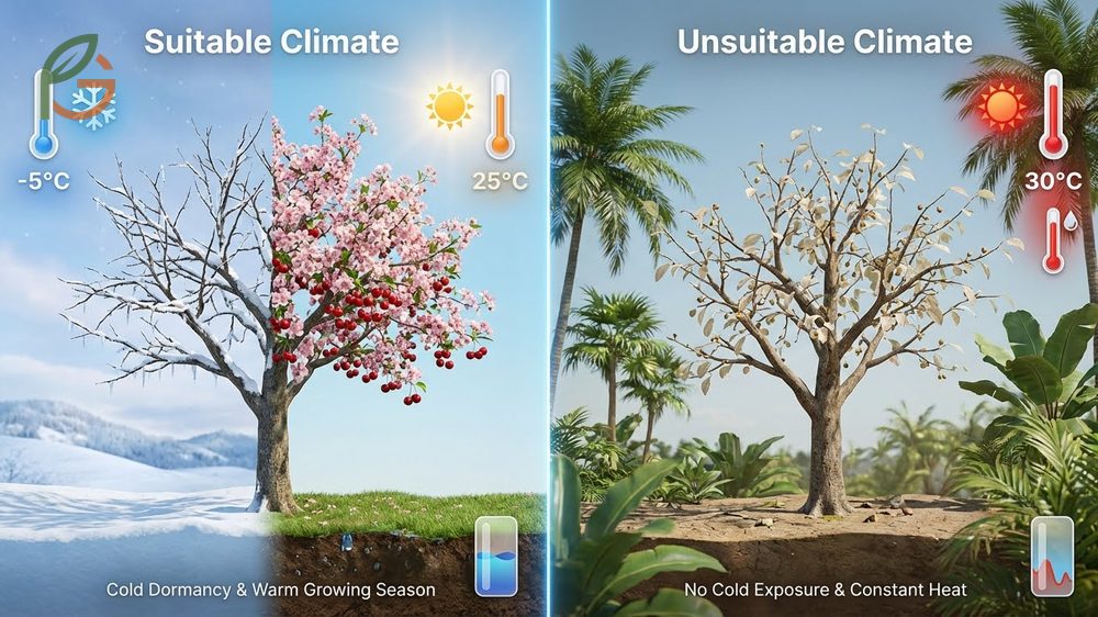 Cherry tree climate requirements showing temperature needs and 800 to 1200 chill hours for dormancy.