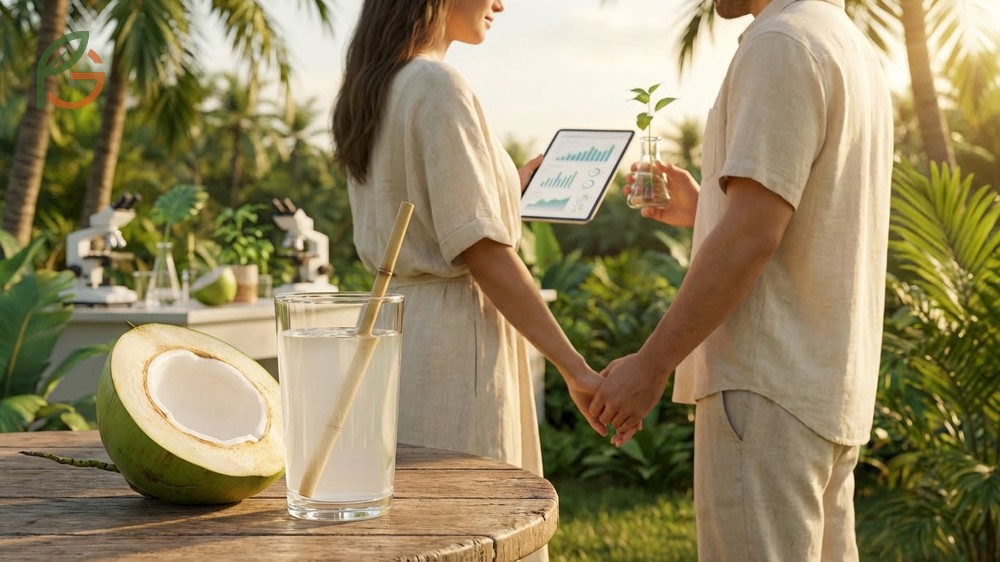 Coconut water for fertility support providing essential folate and antioxidants for reproductive health and egg quality.