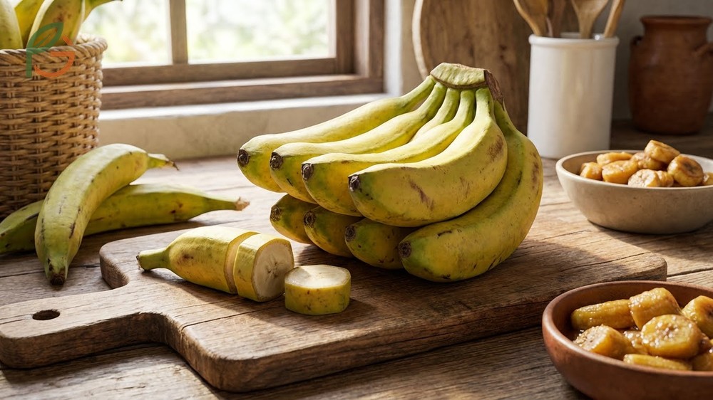 Cooking banana variety is identified by its unique square shape and tangier flavor that sweetens upon ripening.