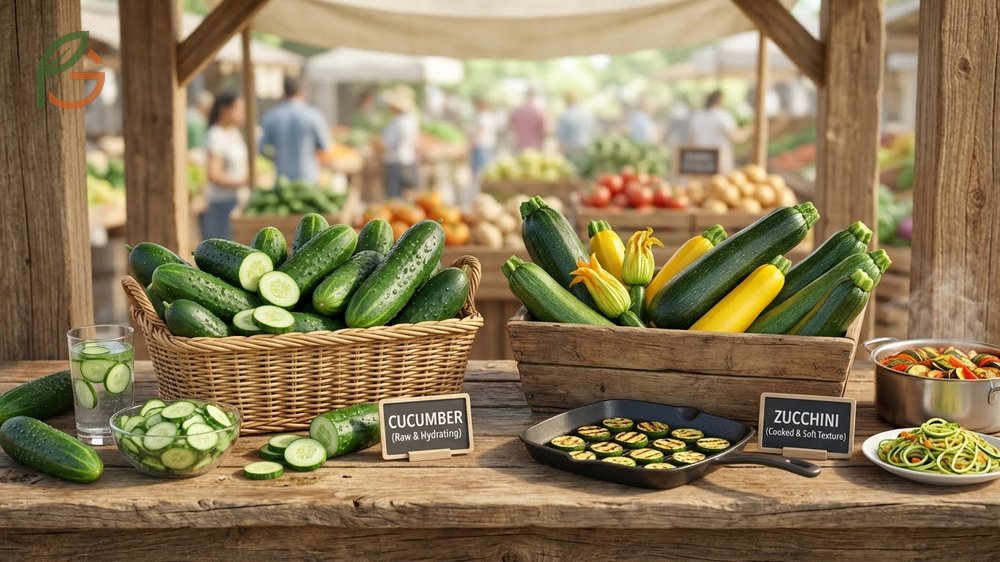 Cucumber vs zucchini identification highlighting thin delicate stems on cucumbers versus thick woody stems on zucchini plants.