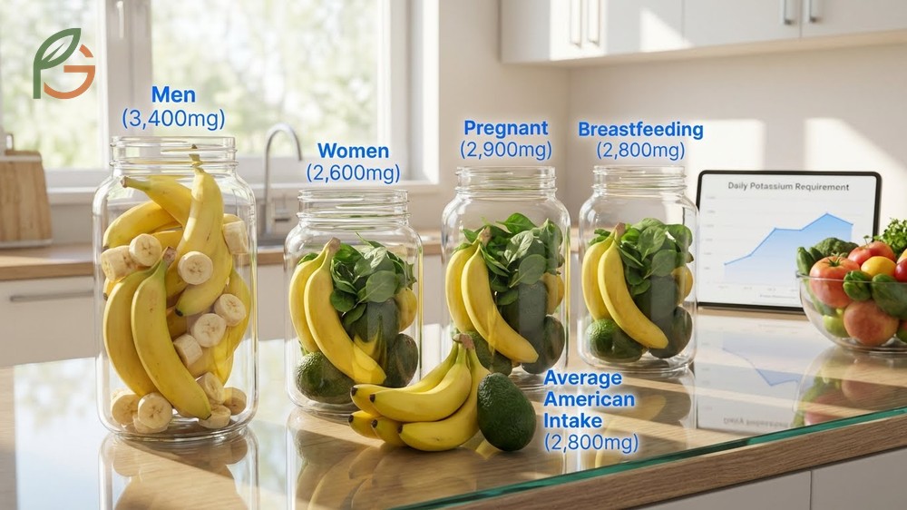 Daily potassium requirement levels suggest adults need between 2600mg and 3400mg for optimal health functions.