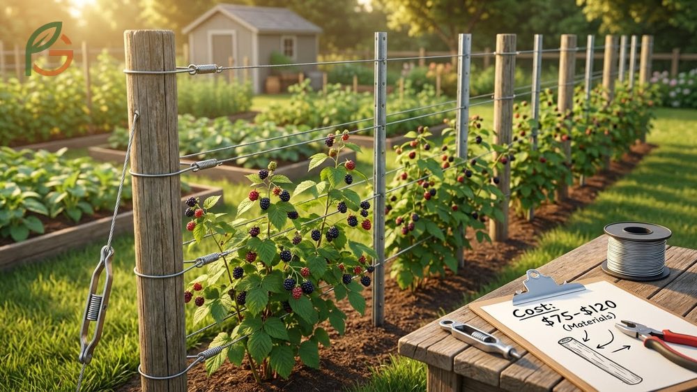 DIY blackberry support systems use treated lumber posts and galvanized wire for durable trellis construction.