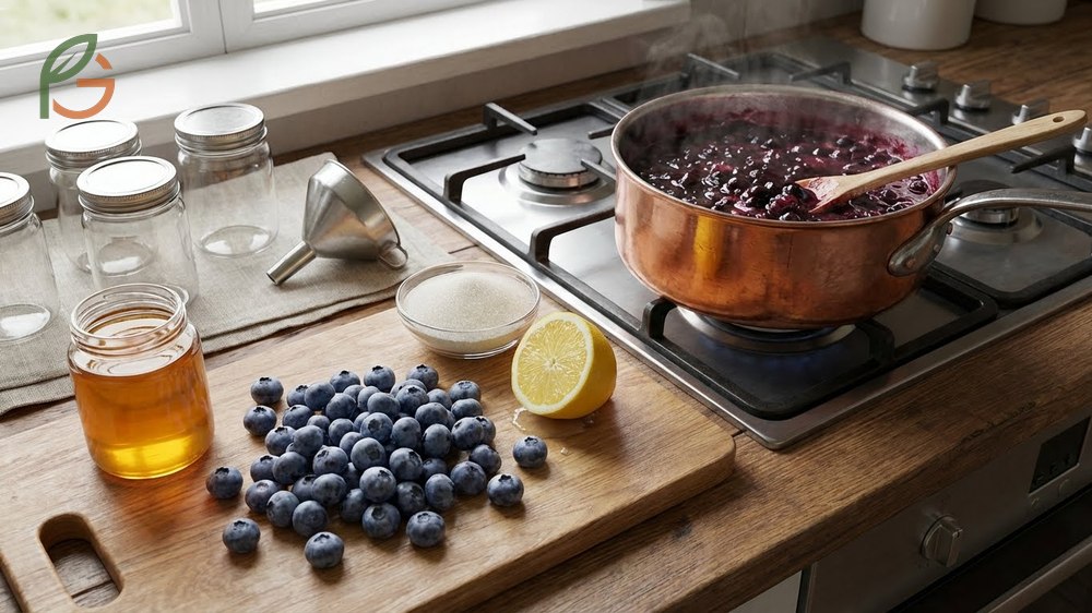 How to make blueberry preserves with basic equipment like a heavy bottomed saucepan and wooden spoon to activate natural pectin in the fruit skins.