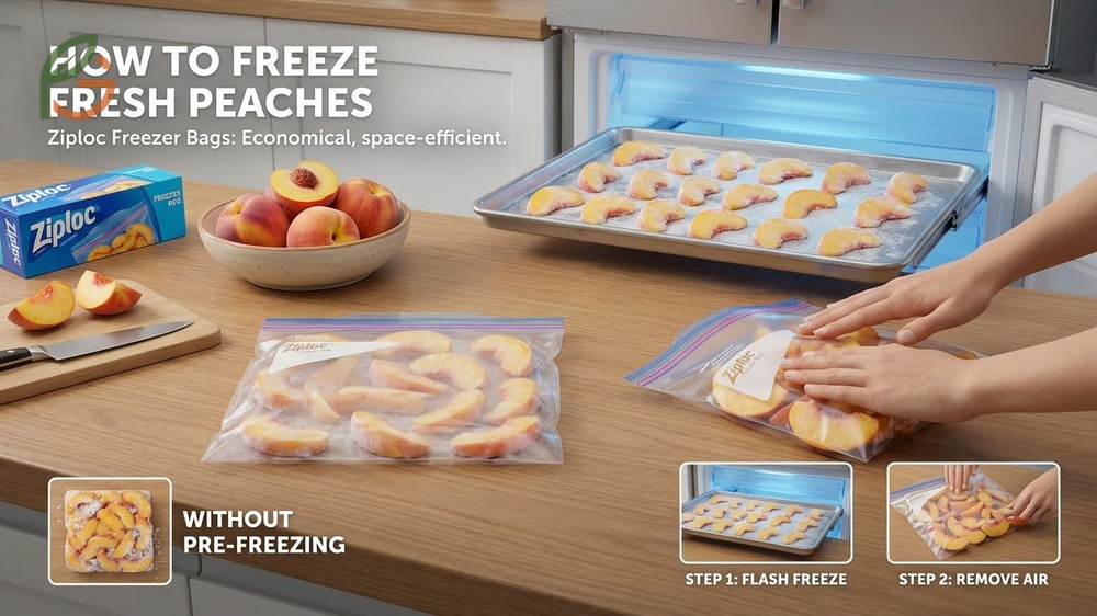 How to freeze fresh peaches in Ziploc bags by flash freezing slices for 2 to 3 hours to prevent clumping.