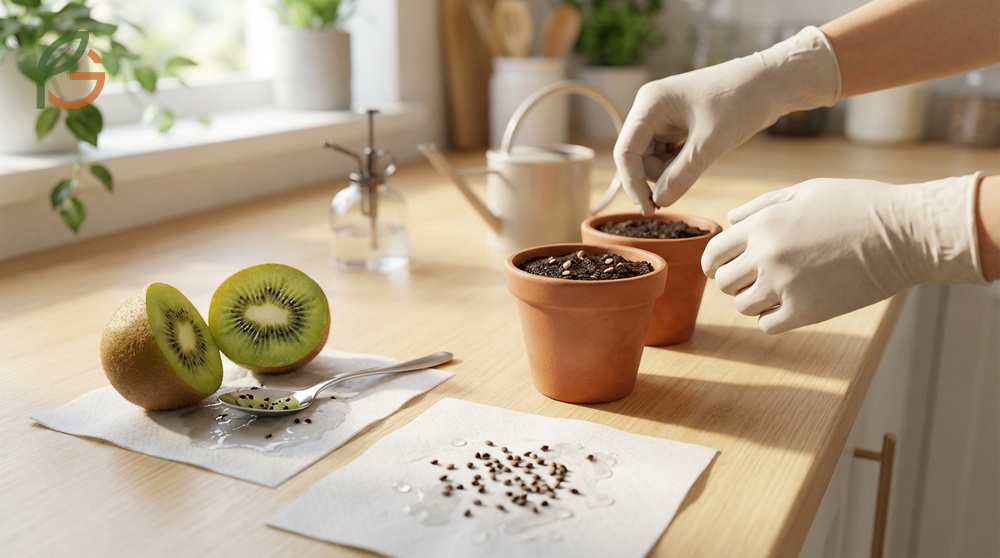 Growing kiwi from seed involves germinating seeds on moist compost at 70 degrees Fahrenheit for 1-3 weeks before planting.