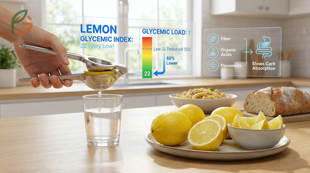 Lemon glycemic index is low at 22 which helps moderate blood sugar spikes when consumed with high carb meals.