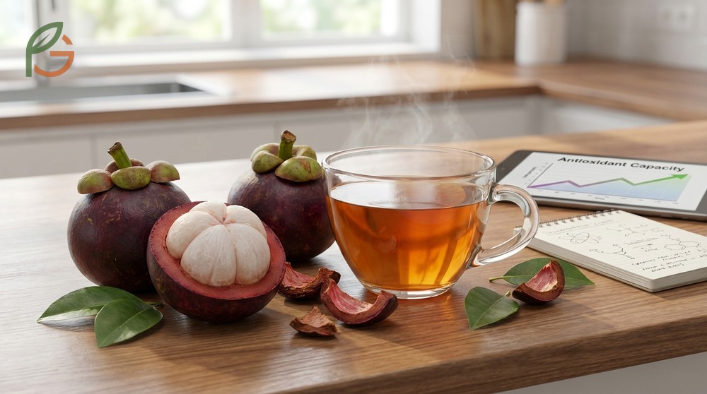 Mangosteen tea benefits derive from peel xanthones which are 10 times more concentrated than in the flesh.