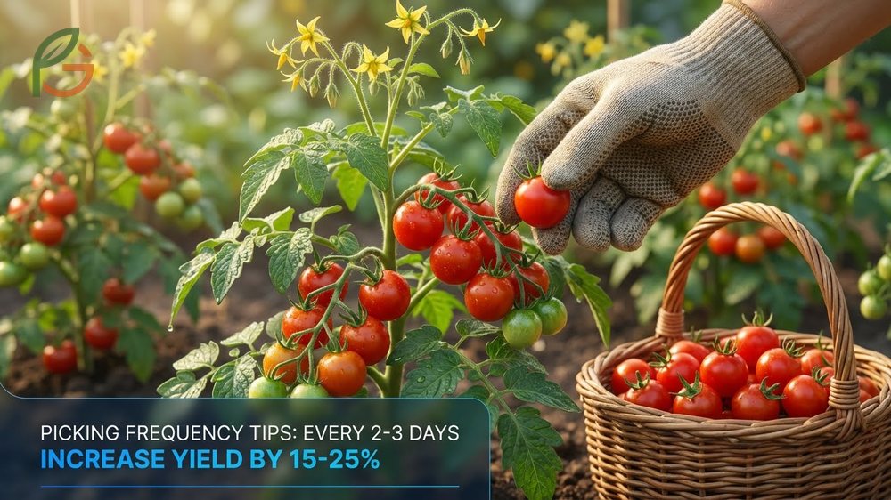 Picking frequency tips recommending harvesting cherry tomatoes every 2 to 3 days to increase total season yield by 15 to 25%.