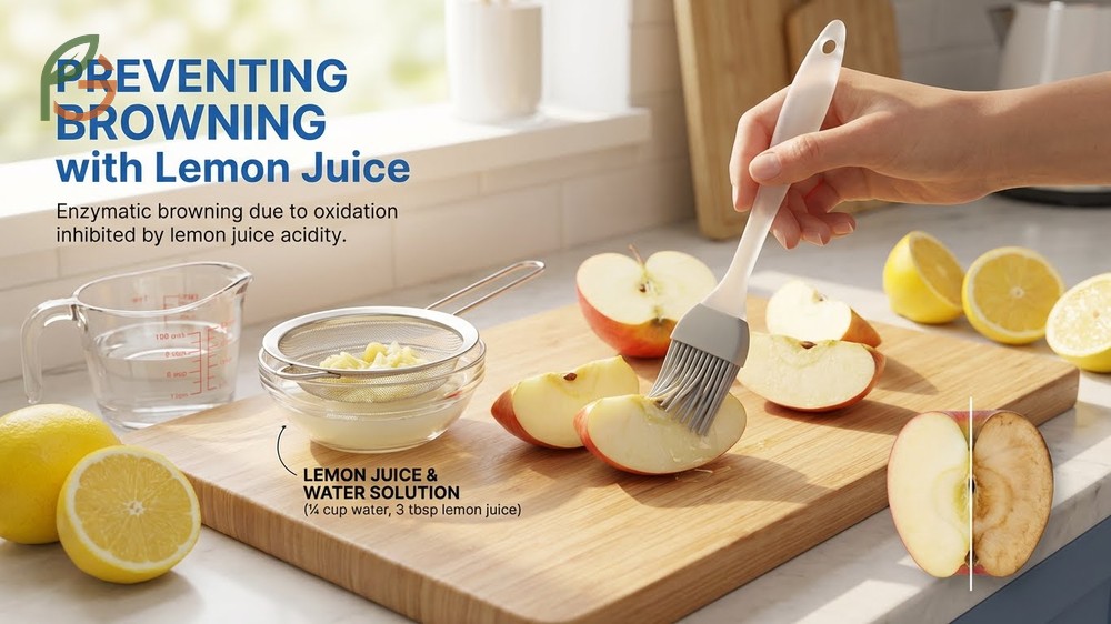 Preventing browning lemon juice solution applied to fresh pear slices to maintain color.