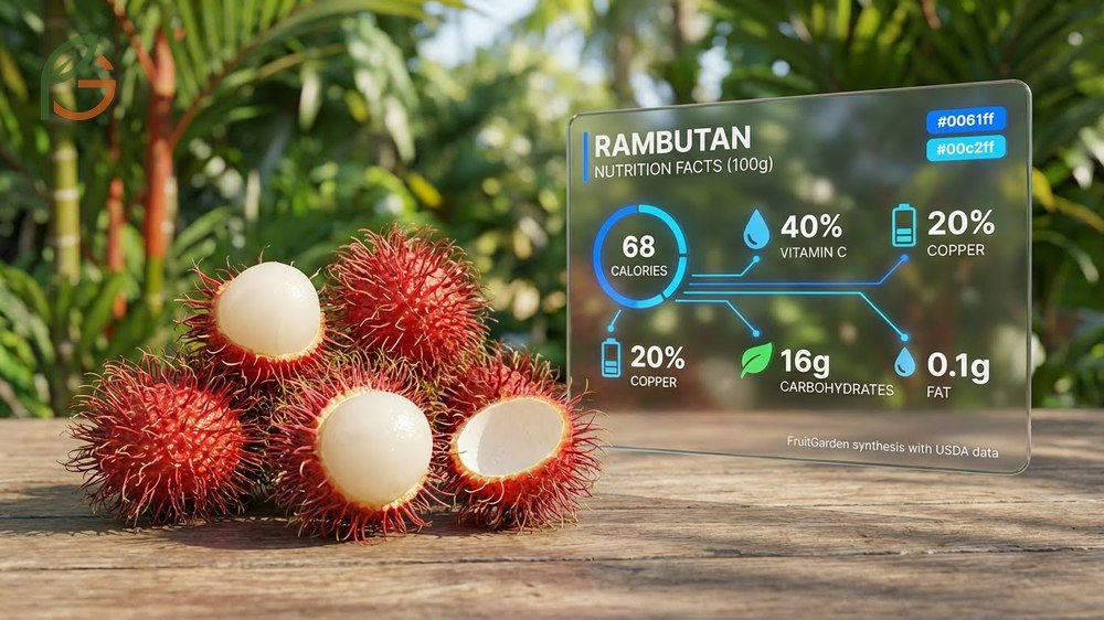 Rambutan nutrition facts highlighting 68 calories and high vitamin C content in just 100g of fresh pulp.