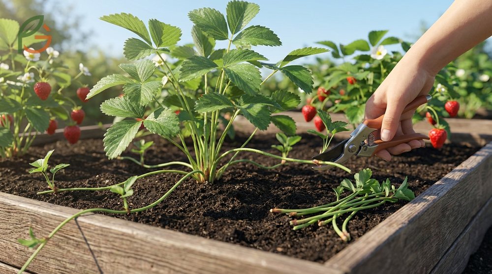 Cutting excess strawberry runners from the mother plant to redirect energy into fruit production and improve berry size.