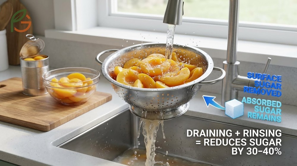 Rinsing canned fruit reduces surface sugar by 30 to 40 percent to improve the nutritional profile for healthier eating.