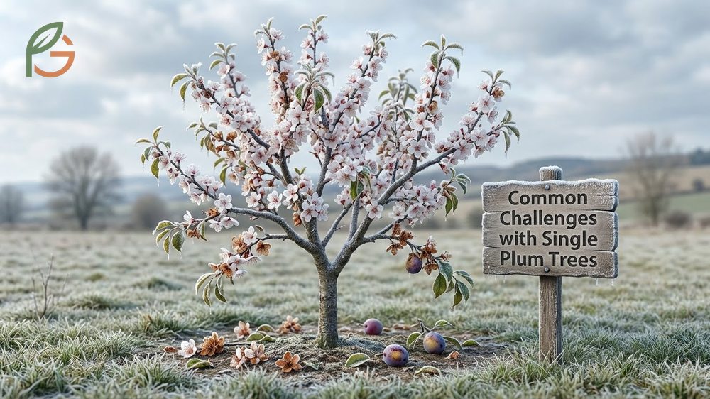 Common challenges with single plum trees include lack of genetic diversity and potential crop loss from late frosts.