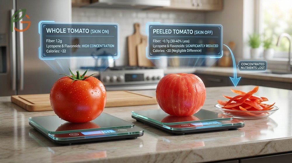 Tomato nutrition skin on vs off shows peeling reduces fiber by 30 percent and removes key antioxidants like lycopene.