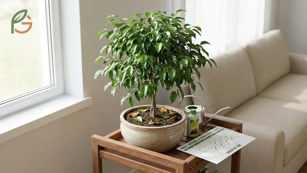 Weeping fig tree care routine involving watering when the top 2 inches of soil are dry.