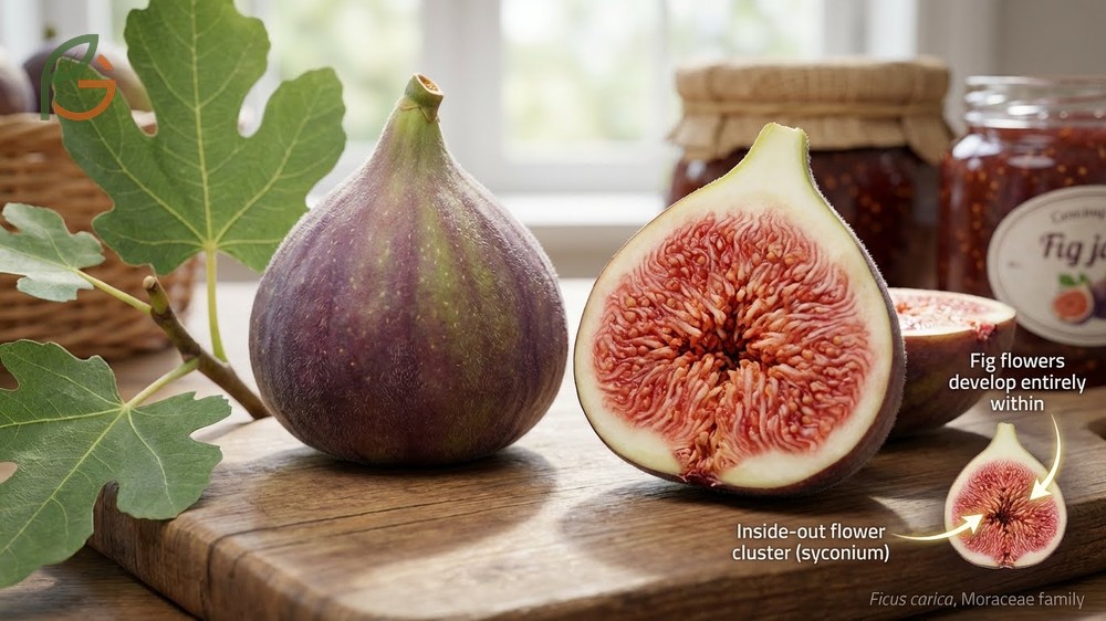 What is a fig diagram explaining the inverted flower cluster and development of the edible fleshy structure.