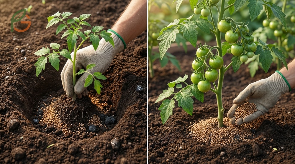 Timeline showing optimal fertilizer application stages from transplanting to fruit setting for tomato plants.