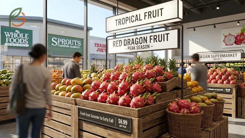 Guide on where to buy red dragon fruit at specialty grocery stores and Asian markets during peak summer seasons.