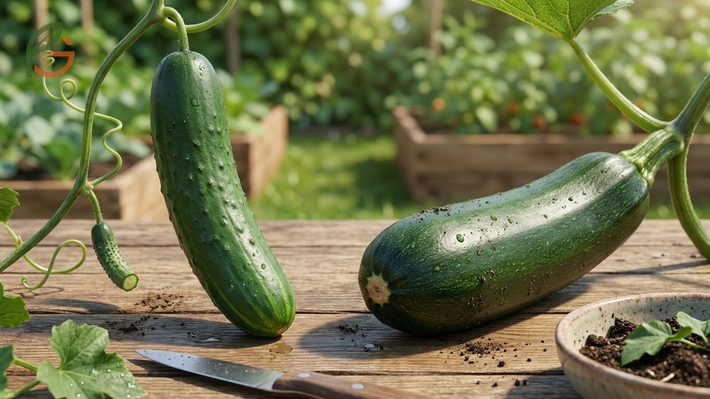 Appearance and shape differences contrasting the shiny waxy skin of cucumbers with the matte rough texture of zucchini.