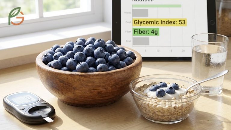 Fresh blueberries in a bowl representing their safety and nutritional value for most diets including diabetes management.