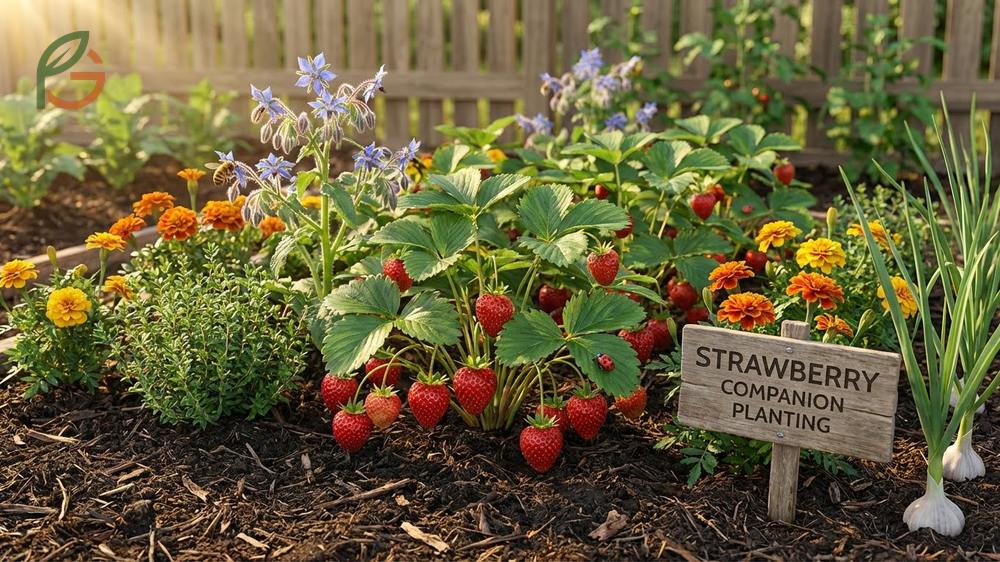 Companion plants for strawberries like borage and garlic that repel pests and improve fruit flavor naturally.