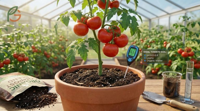 Rich loamy soil mixture optimized for tomato growth with perfect drainage and organic matter content.