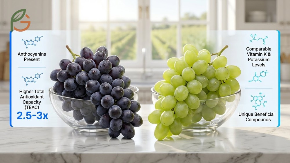 Black grapes vs green grapes nutrition comparison focusing on anthocyanin differences.