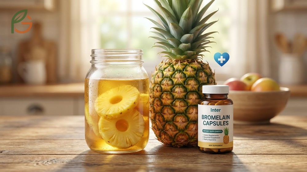 Fresh pineapple stem and fruit highlighting bromelain content for reducing inflammation and menstrual discomfort.