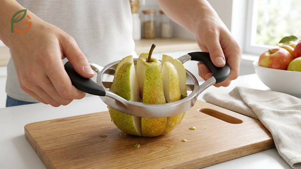Can you cut a pear with an apple slicer demonstration using a standard kitchen tool.