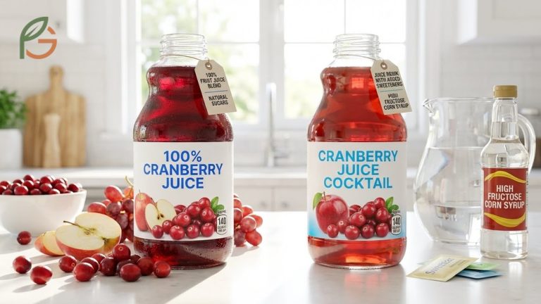 Two glasses placed side by side comparing pure unsweetened cranberry juice with a sweetened cranberry juice cocktail.