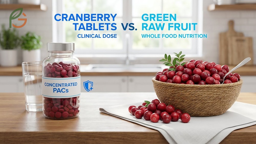 Cranberry tablets vs raw comparison highlights tablets for UTI prevention and raw fruit for fiber intake.