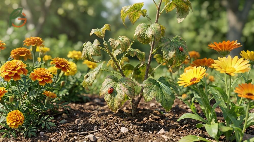 Pests and diseases management for currant bushes using companion planting with marigolds to deter aphid infestations naturally.