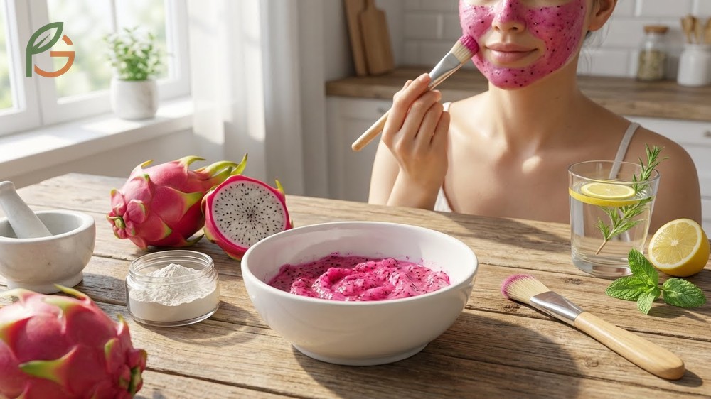 Dragon fruit face mask prepared with fresh pulp and honey applied to the skin for immediate radiance and hydration.