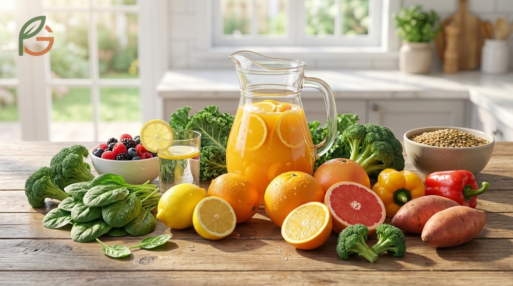Foods for kidney health including citrus fruits and berries that support urinary function and reduce inflammation.