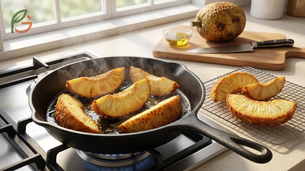 Frying breadfruit technique to produce crispy golden slices with a soft creamy interior.