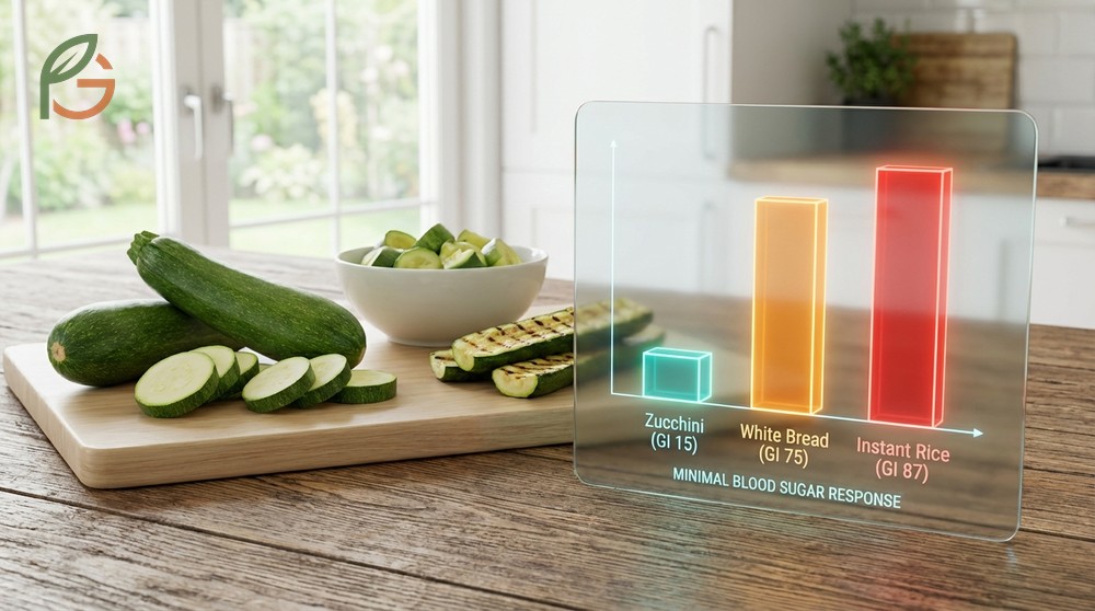 Glycemic index zucchini score of 15 which remains consistent across different cooking methods like boiling or grilling.