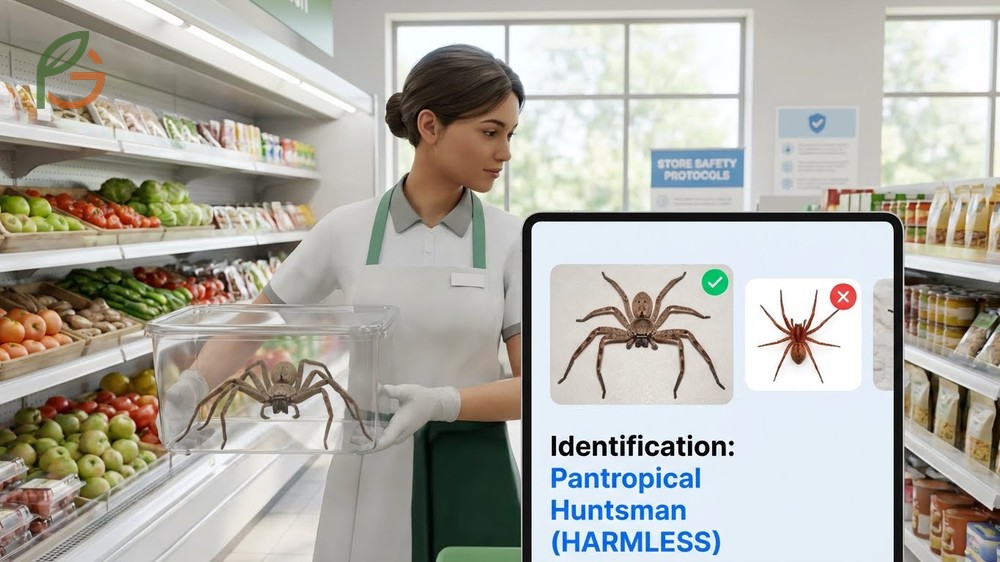 Grocery store spiders are usually harmless huntsman types that look scary but pose no medical threat to shoppers.