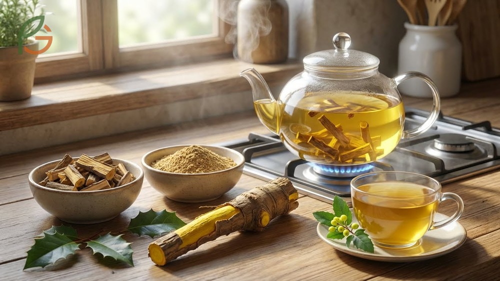 How to make Oregon grape tea using dried root bark simmered for 15 minutes.
